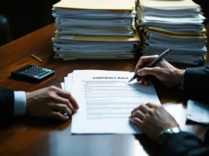 Business executive reviewing contract document at desk with calculator, pen, and pricing tier folders in office