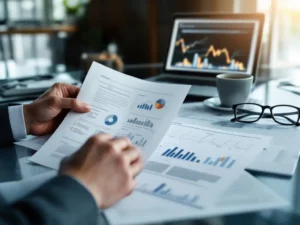 Business executive reviewing software specification documents at conference table with laptop displaying utility analytics