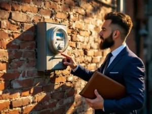 Businessman in navy suit reading utility meter on brick wall while holding billing documents portfolio