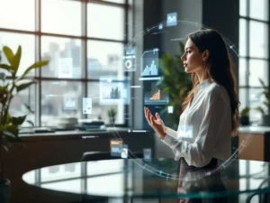 Professional businesswoman at curved glass desk with holographic customer data analytics floating in modern office