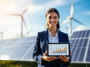 Professional businesswoman in navy blazer holding tablet with energy data, standing before solar panels and wind turbines.