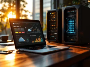 Modern laptop displaying cloud server dashboards on mahogany desk beside server tower with LED lights in sunlit office