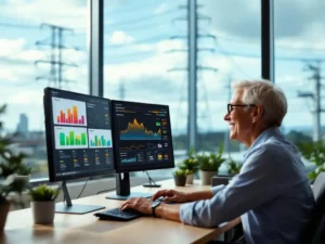 Customer service representative helping elderly client at utility company office with satisfaction charts on computer screens
