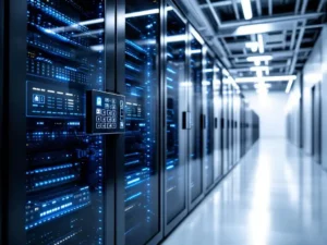 Modern data server rack with blue LED indicators and digital security keypad in white data center facility