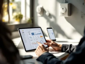 Professional woman reviewing energy bill dashboard on tablet at modern office desk with smartphone showing usage data