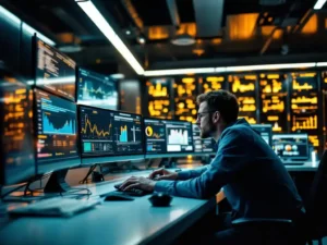 Energy engineer analyzing real-time power grid data on multiple monitors in modern control room workstation