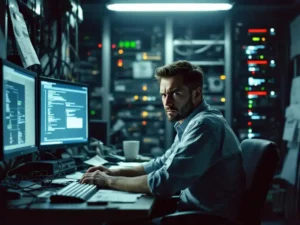 Frustrated IT professional at cluttered desk with tangled cables, error messages on monitors, and blinking server lights