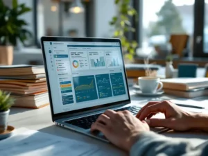 Laptop displaying system configuration dashboards on modern office desk with organized files, coffee cup, and natural lighting.