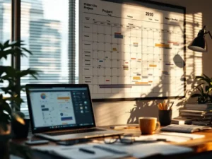 Modern office desk with wall calendar showing project timeline, laptop displaying utility software, technical documentation, and coffee cup in sunlit workspace.