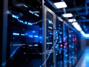 Modern server tower with blue LED lights next to older beige server connected by ethernet and fiber optic cables in data center