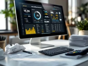 Modern computer monitor displaying utility billing dashboard on white desk with crumpled paper bill, calculator, and digital printouts