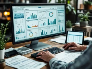 Utility worker using billing software on computer monitor with customer data grids, hands typing on keyboard at desk with bills