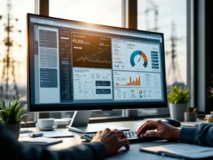 Professional using utility billing software on computer monitor with electrical towers visible through office window