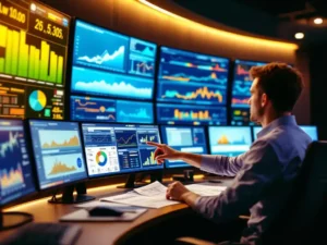 Utility engineer analyzing energy data at modern control room workstation with multiple monitors displaying consumption graphs and demand curves.
