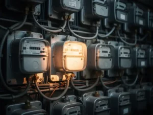 Dense wall of analog electricity and gas meters on industrial panels, one unit illuminated by warm light amid steel-blue shadows.