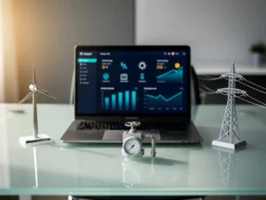 Laptop showing a clean energy dashboard on a glass desk, surrounded by miniature wind turbine, water meter, and power line tower models.