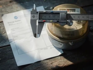 Cracked utility meter on weathered wood measured by digital caliper beside an energy invoice in warm amber and slate blue light.