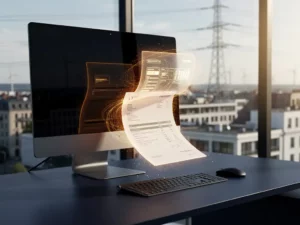Paper invoice transitioning to a glowing digital document on a workstation, European skyline with wind turbines visible through office window.