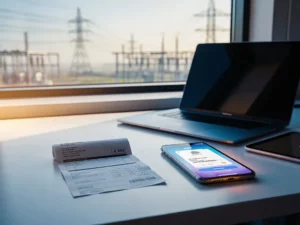 Paper electricity bill beside a smartphone showing a digital invoice, with a laptop and tablet on a modern desk near a window.