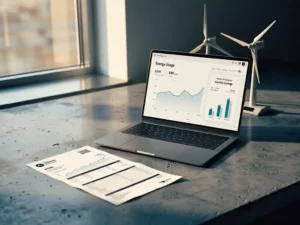 Energy bill statement beside a laptop showing subscription dashboard metrics, with a miniature wind turbine model on a concrete desk.