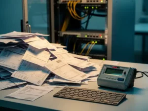 Energy bills and invoices scattered across a utility operations desk beside a digital electricity meter and keyboard, server rack in background.