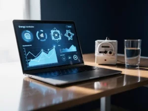 Laptop displaying an energy dashboard beside a small electricity meter on a modern desk with Azure-blue interface light reflecting on the surface.
