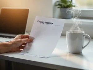 Customer reviewing an energy invoice at a home office desk beside a steaming coffee mug in warm natural light.