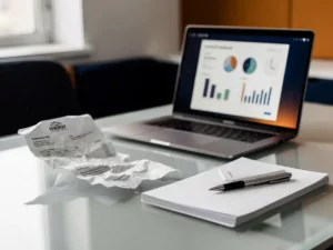 Crumpled energy invoice on a corporate desk beside an open laptop displaying a dashboard, with a pen resting on a stamped resolved document.