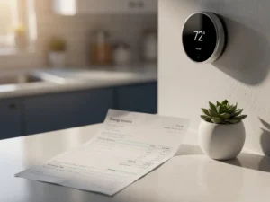 Energy invoice on kitchen counter beside a glowing smart thermostat and small succulent in warm morning light.