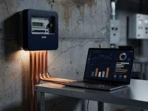 Energy meter on a weathered concrete wall connected via copper cables to a laptop displaying utility dashboard graphs in a control room.