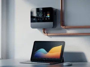 Energy meter with glowing digital display mounted on wall beside copper pipes, with tablet showing billing graphs on desk below.