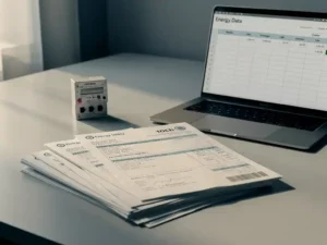 Stack of energy utility invoices fanned on a modern desk beside a laptop showing spreadsheet data and a small electricity meter model.