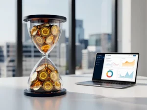 Oversized hourglass filled with glowing amber energy meter dials on a white desk beside a laptop showing utility dashboard graphs, city skyline backdrop.