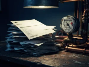 Overdue utility bills spilling across a worn desk beside a cracked water meter and tangled copper pipes under dim lamplight.