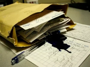 Overflowing manila folder of paper invoices and handwritten billing ledgers on a utility office desk, cracked pen leaking ink across smudged numbers.
