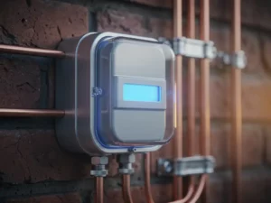 Smart electric meter with glowing blue digital display mounted on weathered brick wall, copper wiring and conduit visible nearby.