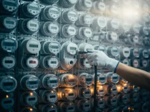Technician connecting a cable to a cluster of smart electricity meters on an industrial panel wall with rows of digital displays.