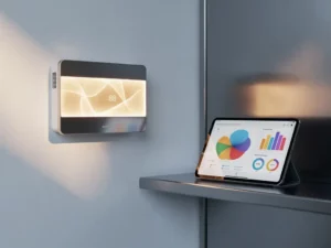 Smart meter on a utility room wall with glowing display beside a tablet showing energy usage graphs on a dashboard.