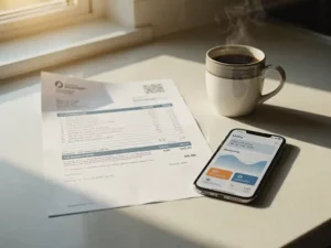 Utility bill on kitchen counter beside a smartphone showing an account dashboard and steaming coffee mug in warm morning light.