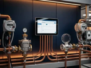 Utility billing dashboard terminal connected to electric, gas, water, and heat meters via copper pipes in a modern industrial control room.
