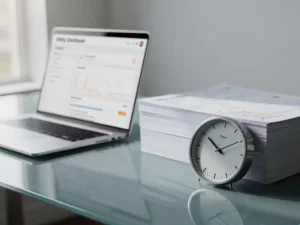 Printed utility billing dashboard stacked beside a laptop on a glass desk, with an analog clock symbolizing faster payment cycles.