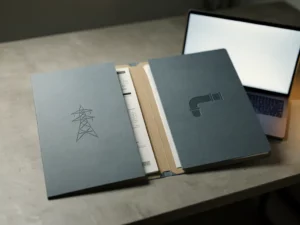 Utility billing invoice split between electricity and water supply folders on a modern desk beside a glowing laptop.