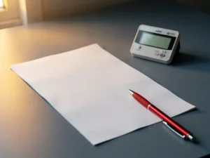 Utility invoice on a clean desk with a red pen marking a correction beside a small digital meter device.