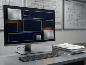 Utility control room dashboard glowing on a monitor beside stacked billing documents, with electrical grid schematics in the background.