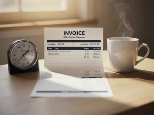Printed utility invoice on a wooden desk beside a steaming coffee mug and analog meter gauge in warm morning light.