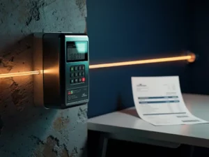 Digital utility meter on weathered wall connected by glowing fiber pipeline to an invoice on a modern desk, representing accelerated billing flow.