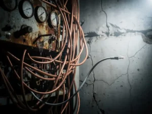 Aging industrial control panel with corroded gauges and tangled copper wiring, a single ethernet cable leading toward clean light in a dim utility substation.