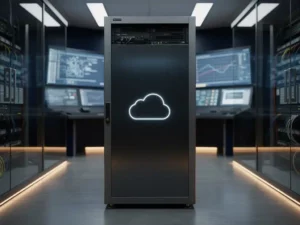 Modern server rack in a glass-walled control room with energy grid monitors, reflecting ambient amber lighting against navy and silver tones.