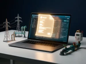 Glowing utility bill invoice on a laptop screen surrounded by miniature electricity pylons, water pipes, and gas meters on a white desk.