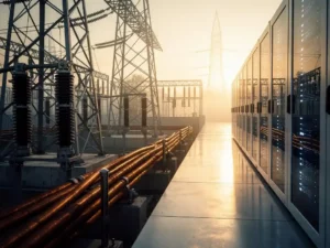Weathered electrical substation with copper cables transitioning into a modern server rack at golden hour, steel pylons in amber light.